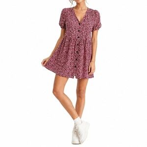 Primark Floral Babydoll Dress Women 14 Burgundy Ditsy Boho Button Mini Festival